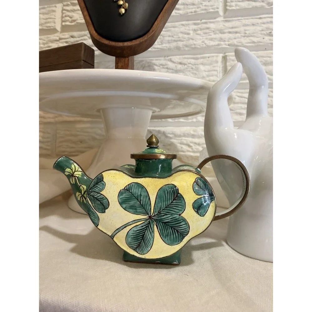 RARE Kelvin Chen Enamel Irish Gardens Mini Teapot w/ Lid, Green Yellow Brown